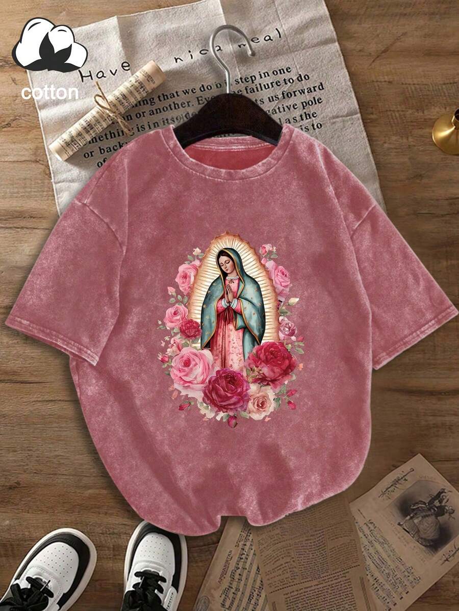 女士休闲瓜达卢佩女士印花粉色玫瑰和酒红色玫瑰装饰圆领短袖T恤，春夏秋季款 - 玫紅色 - 查看 1