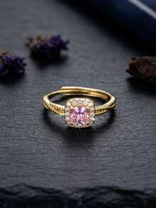 1 Stück exquisiter modischer 18K Gold Kupfer + rosa quadratischer Zirkonia offener Ring für Kinder und Teenager, Geschenk für Mütter, Geschenk für Lehrer, Boho Sommer Strand Reise Party Essential, Rave/Ball/Party/Alltags Accessoires, goldgelber Schmuck, Geschenk zum Schulanfang, Geburtstagsgeschenk - Gold - Übersicht 3