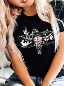 Womens Cow Skull & Desert Landscape Print-Shirt Western Cowgirl Cactus & Southwestern Formations Design Soft Stretch Casual Tee Short Sleeve Round Neck Spring Summer Fall PinkBeige - màu đen - Xem 4
