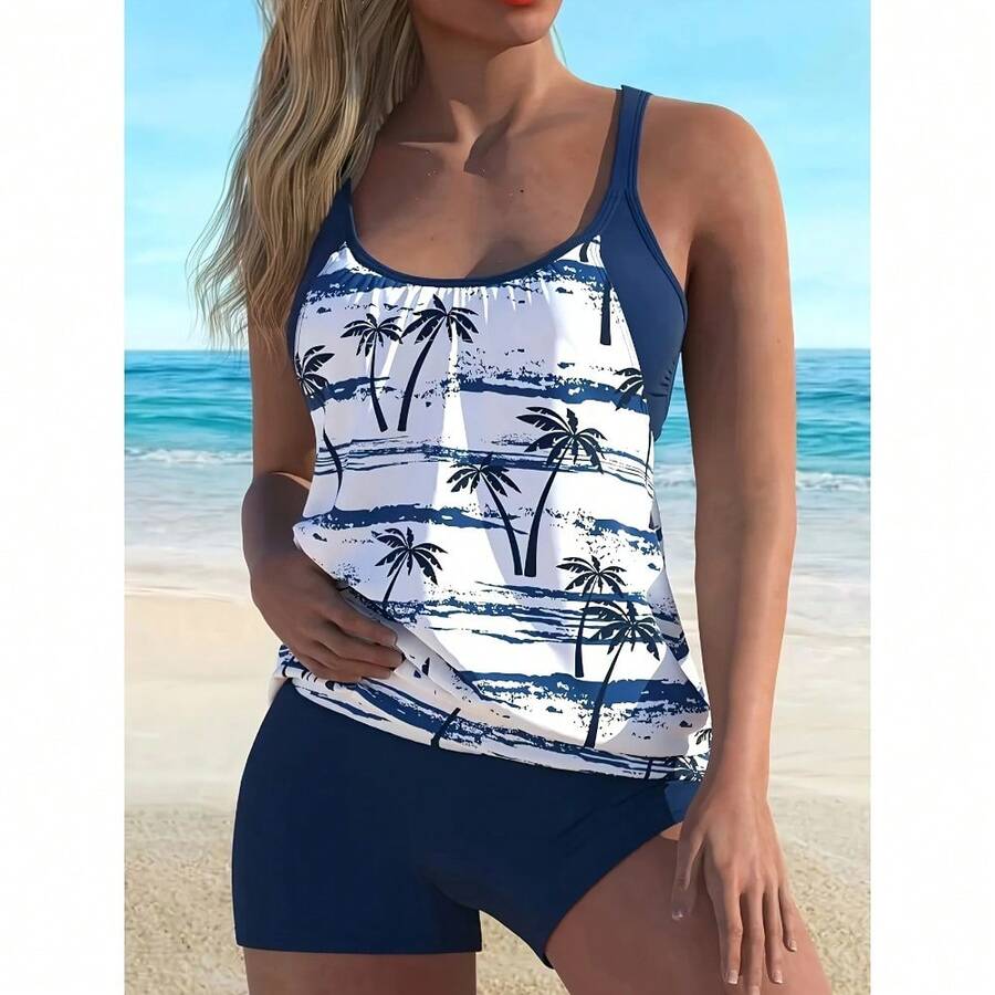 Local Delivery-New Women's Popular Tankini Two-Piece Set With European And American Hollow Out Tropical Coconut Tree Print Beach Vacation Swimsuit For Women - 湖藍色 - 查看 1