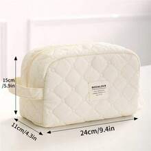 1 pieza Bolsa de cosméticos acolchada con relieve en beige, de textura suave, lavable y fácil de limpiar, bolsa de maquillaje vintage de gran capacidad y organizador de viaje, bolsa de almacenamiento multifuncional para lápiz labial, toallas sanitarias, monedas, llaves, etc., bolsa de maquillaje de espuma minimalista y cómoda, con diseño de cremallera, ligera y esponjosa, adecuada para el nuevo período escolar, el Día de la Madre, el cumpleaños, la primavera/verano, el aniversario, las vacaciones, el regreso a la escuela, estuche de cosméticos - Beis - Ver 13