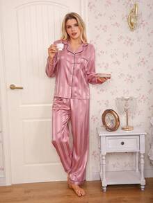 两件套缎面条纹睡衣套装，甜美可爱翻领纽扣长袖上衣和裤子，女士居家睡衣和休闲服 - 粉色 - 查看 3