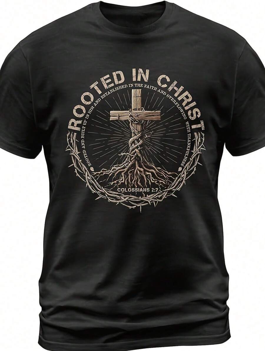 Men'S T-Shirt With A Graphic, Featuring A Round Neck And Made From, Perfect For Christian Gatherings And Machine Washable.Minimalist Style  Sweatshirt ,Mens Clothes,Shorts,Shirts,Men,Romwe - 黑色 - 查看 1