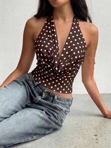 NOVELLE Women's Elegant Sexy Polka Dot Halter Top, Deep V-Neck Sleeveless Crop Top, Suitable For Summer Beach, Date, Party And Street Wear - Brown - View 5