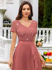 MIUSOL V-Neck Sequin Floral Lace Ruffle Trim Chiffon Prom Party Swing Dress,Elegant Party Dress For Women Summer - Dusty Pink - View 11