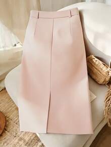 Women's Casual Elegant Daily Versatile High Waist Slimming Metal Button Front Slit Design Contrast Trim Straight Skirt, Pink, Spring/Summer - Pink - View 3