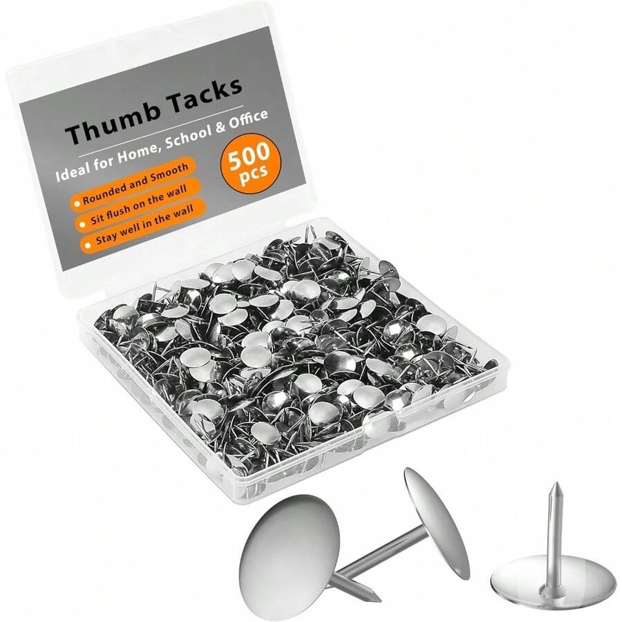 500 Pack Silver Flat Push Pins, Durable Thumb Tacks With Sharp Points And Flat Heads, Ideal For Securing Papers, Posters, Photos And Notes To Corkboards, Bulletin Boards And Walls, Rust-Resistant Metal Construction, Easy To Grip And Insert, Perfect For Home, Office And School Use For Organizing And Displaying Materials - A - View 1