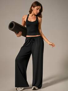 NcmRyu 1 Set Women's Camisole Tank Top & Wide Leg Drawstring Pants Sports Suit - Black - View 8