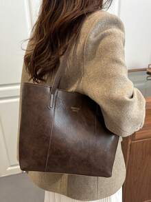 2pcs Women's Solid Color Quilted Lining Tote Bag, Fashion Large Capacity Shoulder Bag With Snap Closure, Casual Street Style For Photography, Daily Commute - Coffee Brown - View 2