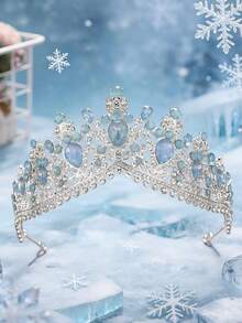 1 chiếc vương miện cô dâu sang trọng kiểu Baroque màu bạc, phụ kiện đội đầu đính đá lấp lánh cho đám cưới, tiệc tùng. - Màu xanh nhạt - Xem 1