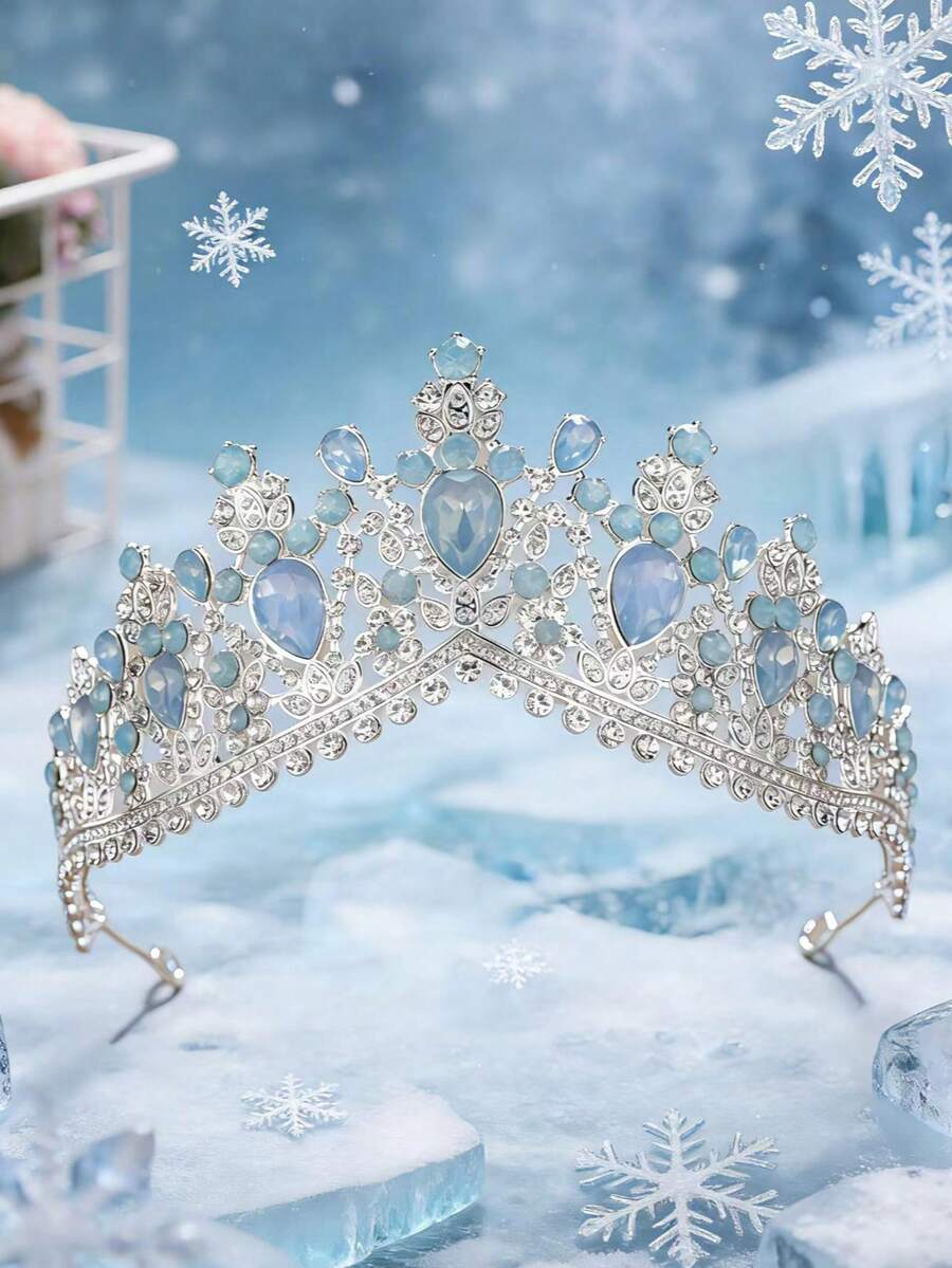 1 chiếc vương miện cô dâu sang trọng kiểu Baroque màu bạc, phụ kiện đội đầu đính đá lấp lánh cho đám cưới, tiệc tùng. - Màu xanh nhạt - Xem 1