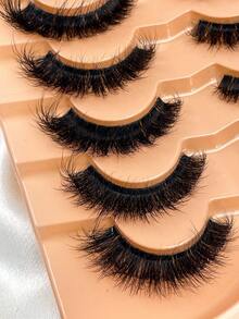 7对/包 自然蓬松仿貂毛假睫毛，迷人凌乱毛绒假睫毛，8D纤长浓密持久假睫毛条，狐狸眼提拉妆效，整条假睫毛，睫毛嫁接 - 黑色 - 查看 3