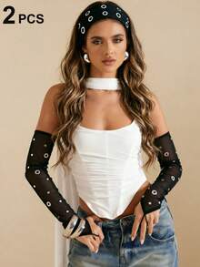 Bộ 2 món phong cách Y2K Baddie gồm ống tay và băng đô lưới kim loại đen, thoáng khí mùa hè, dùng để chống nắng. - Nhiều màu - Xem 9