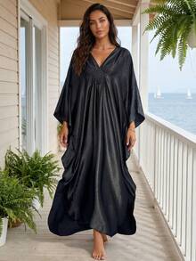 Women's Solid Color Kaftan Maxi Dress, V Neck Batwing Sleeve, Crochet Boho Beach Cover Up, Loose Fall Vacation Party Wedding Holiday Plus Size - Black - View 3