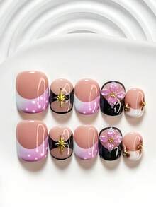 10pcs Japanese Sweet Girl Style Handmade Nail Art Set, Including Gel Nail Kit, Gold Glitter, Handcrafted 4-Petal Pink Floral Nail Decor, Brown Print, Black Nail Polish, With Nail Tools (1 Jelly Sticker + 1 Nail File), Available In 3 Sizes: Square, Short Square, Almond, Suitable For All Seasons, Perfect Gift For Girls Or Ladies Press On Nails - Multicolor - View 2