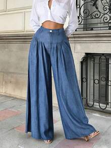 2026 New Spring/Summer Women's Solid Color Casual Elegant Back-To-School, Date, Pleated Wide Leg Pants, Suitable For Valentine's Day, Chinese New Year, Women's Pants, Wide Leg Pants, Women's Trousers, Women's Office Attire, Spring Wear, Office Wear, Elegant Women's , Holiday Women's Attire, Club Wear, Women's Springs, Women's Holiday Wear, Summer Vacation Wear, Women's Birthday - 藍色 - 查看 3