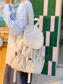 Ba lô thời trang nắp lật dung tích lớn, túi đeo vai unisex thoải mái dùng đi học/đi làm/du lịch. - Màu be - Xem 9