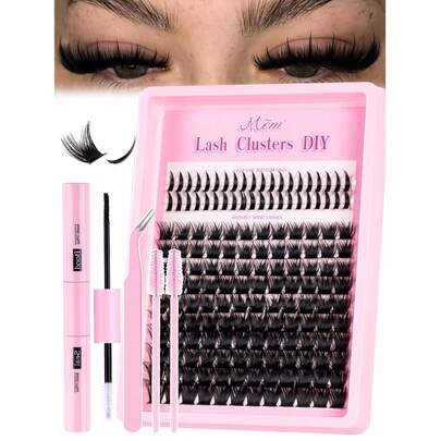160簇个人假睫毛，多种款式，自然妆效，两种设计，轻盈蓬松，3D立体尖头，80D/100D/120D簇装，精致柔软，可重复使用，单根睫毛嫁接套装，配备化妆工具、胶水、卸胶剂、镊子和睫毛刷，适合初学者日常使用，也适用于婚礼、派对、音乐节、母亲节等场合。
