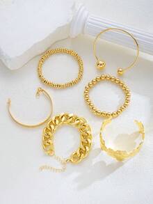 6pcs/Set Fashionable Minimalist Elegant Delicate Retro Floral Geometric Bead Chain Cuff Bracelet Set, Versatile For Holiday, Party, Daily Wear, Gift - Yellow Gold - View 4