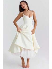 Women's Elegant Double Layered Flowy Dress, Classic Full Skirt A Line Swing Midi Gown, Lightweight Premium Casual Formal Dress, Modest Chic Party Wedding Guest Bridal Shower Evening Daily Outfit S-2XL - 象牙 - 查看 4