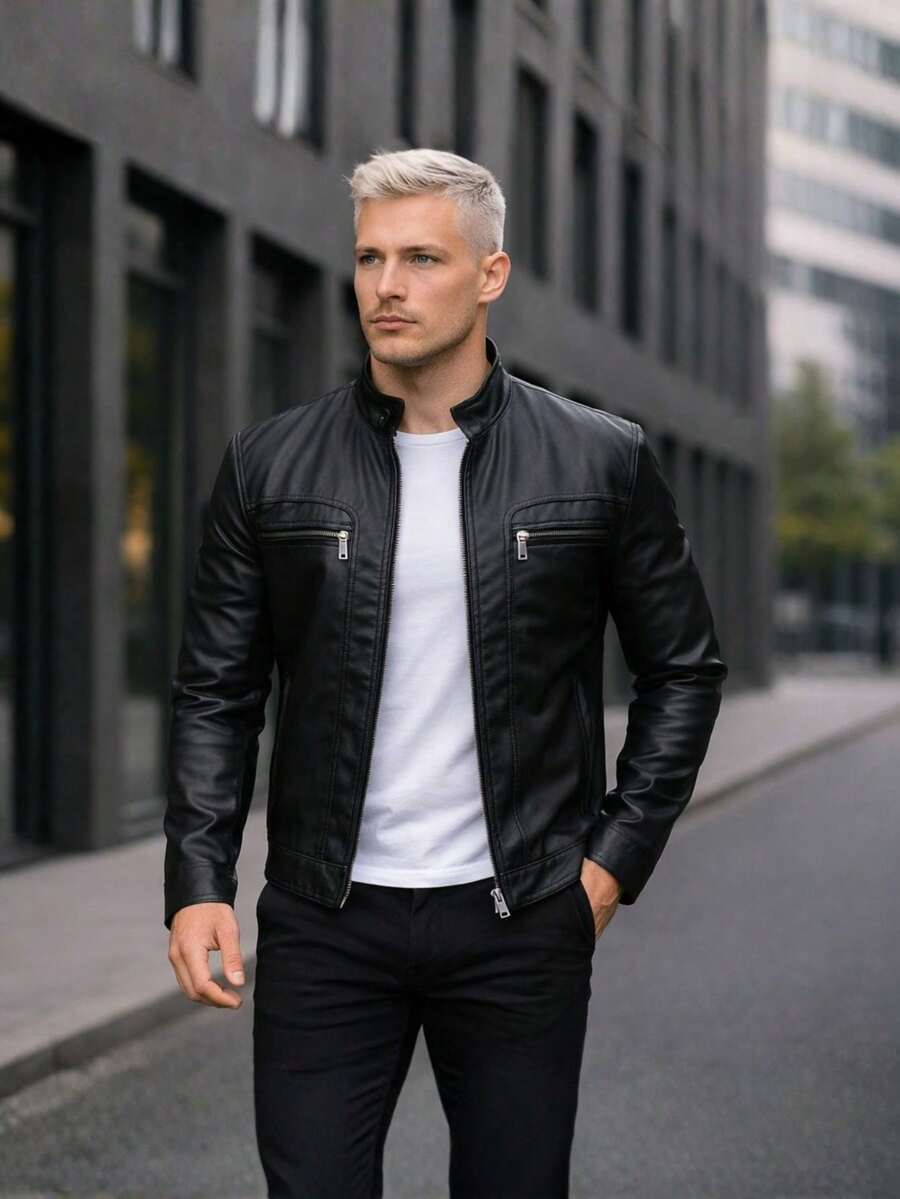 Men's Waterproof Faux Leather Jacket - 黑色 - 查看 1