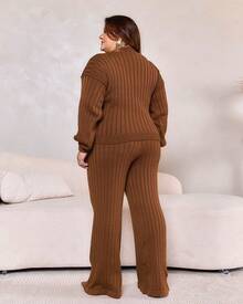 Plus Size Women's Ribbed Knit Set For Winter - Blouse And Wide-Leg Pants - Camel - View 3
