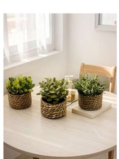 1pc 3pcs/Set Artificial Woven Rattan Potted Plants, PE Polyester Fiber, Suitable For Desktop, Party, Kitchen, Garden Decor, Christmas, Holiday Gifts, Home Decor, Back To School Room Decor, School Supplies