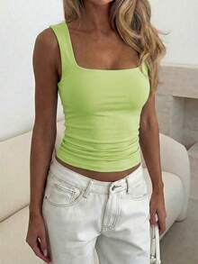 Vaiaye Women's Solid Color Square Neck Fitted Casual Camisole, Minimalist Retro Solid Color Vest, Summer Fashion Backless Knit Camisole, Casual Versatile, Suitable For Work Commute - Light Green - View 5