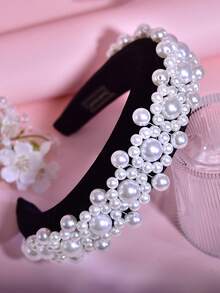 1 chiếc băng đô bản rộng màu trắng ngọc trai thanh lịch, kiểu dáng tối giản với mút nhung giúp nâng cao kiểu tóc, phù hợp cho cô dâu, phù dâu, đám cưới, lễ kỷ niệm, quà tặng ngày lễ, tiệc tùng, trang phục thường ngày. - trắng - Xem 8