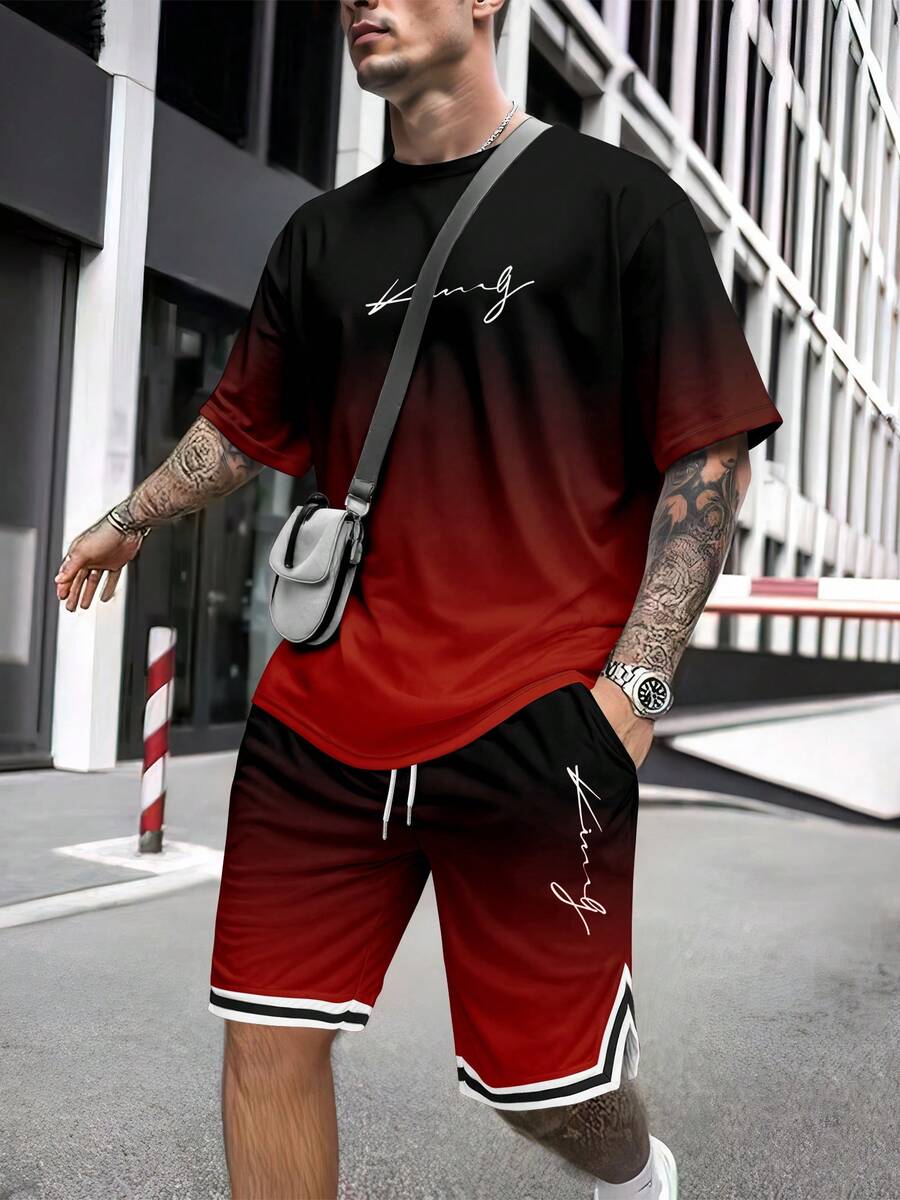Men's Gradient Letter "King" Print Round Neck Short Sleeve Top And Shorts Set - Red - View 1