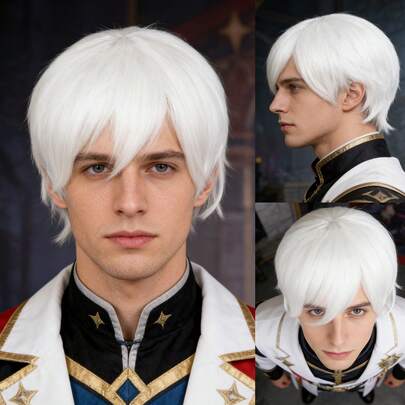 Tóc giả ngắn màu trắng chất lượng cao dành cho cosplay và sử dụng hàng ngày - Tóc giả trắng nhiều lớp, trông tự nhiên với mái - Tóc giả nam màu trắng đa năng - Lý tưởng cho cosplay, Halloween và các trang phục hóa trang.