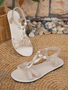 Giày sandal đính hạt phong cách Bohemian, sandal đế bằng hở mũi kiểu retro dành cho nữ. - Màu be - Xem 6
