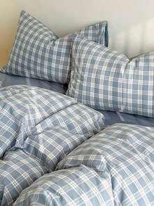 4pcs/Set, Plaid Design Blue Minimalist Style Soft & Thick High-End Bedding Set (1 Duvet Cover + 1 Bed Sheet + 2 Pillowcases), Not Including Quilt & Pillows, Random Printed Pillowcase Pattern - Dusty Blue - View 6