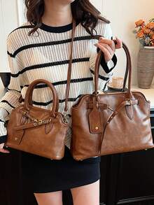 Fashionable Retro Versatile Clasp Shoulder Bag, Women's Shell Armpit Handbag, Vintage Inspired Daily Purse For Autumn Winter, 1 Piece - Nâu Lớn - Xem 7