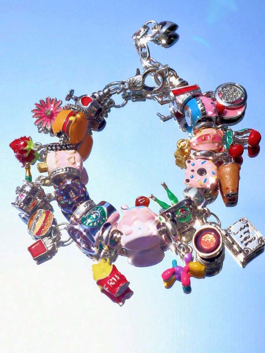 1pc Cute Summer Fruit Cake Floral Charm Bracelet, 3D, Cherry, Cake,, Hamburger, Strawberry Pendant, Adjustable Bead Bracelet, Lovely Friend - 金子 - 查看 1