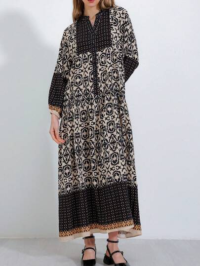 Elegant And Dignified Women's Long Sleeve Button Front Dress With Leaf Print, Slightly Stretchy Fabric, Suitable For Party Wear