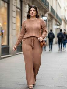 Plus Size Women's Ribbed Knit Set For Winter - Blouse And Wide-Leg Pants - Nude - 查看 4