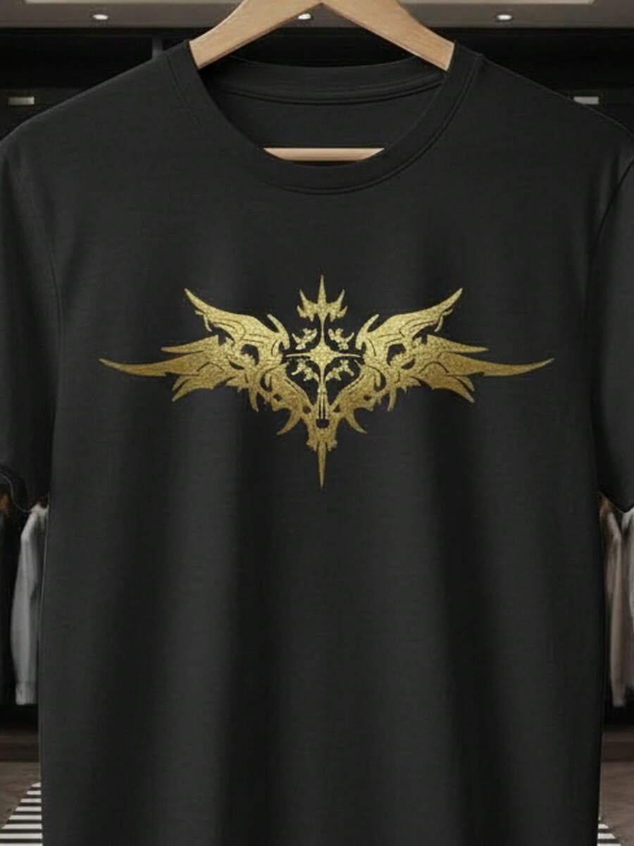 Stylish Men's/Women's/Unisex Printed T-Shirt With Cross, Angel, And Wings In Gold, Premium Knit, Short Sleeve, Round Neck, 100% Cotton - 黑色 - 查看 1