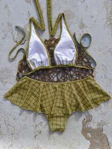 Bộ đồ bơi mùa hè dành cho nữ, bikini tam giác hai dây kẻ caro kiểu retro với chân váy xếp ly, bộ đồ bơi thời trang phù hợp cho kỳ nghỉ biển. - màu xanh lá - Xem 3