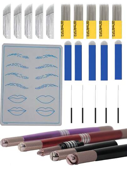 Tattoo Training Kit 1pc Microblading Tattoo Manual Pen + 1pc Face Lips Eyebrow Tattoo Practice Skin + 20pcs Microblading Needles Makeup Tattoo Tools