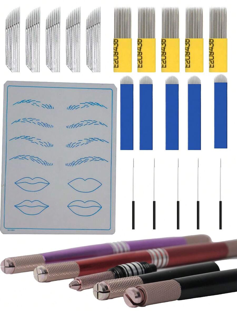 Tattoo Training Kit 1pc Microblading Tattoo Manual Pen + 1pc Face Lips Eyebrow Tattoo Practice Skin + 20pcs Microblading Needles Makeup Tattoo Tools - View 1