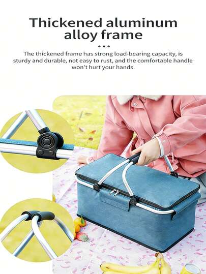 1pc Foldable Insulated Picnic Basket, Thick Aluminum Alloy Frame, PEVA Aluminum Foil Lining, Thick Oxford Cloth, Wear-Resistant, Waterproof, Leak-Proof, Moisture-Proof, Dust-Proof, Long-Lasting Cooling, Large Capacity, Strong Load-Bearing, Anti-Rust, Stable Structure, Aging-Resistant, Lightweight, Easy To Clean, Portable Storage