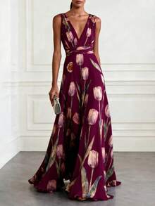 Tulip Print Sleeveless V-Neck Chiffon Long Dress For Women - Purple - View 4