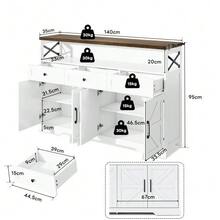 140cm Sideboard Buffet With Storage Space, Coffee Bar With 3 Drawers, Rustic Style Console With Doors, Cabinets With Shelves, Suitable For Kitchen, Living Room, Hallway, White/Brown Rustic Style - 白色 - 查看 6