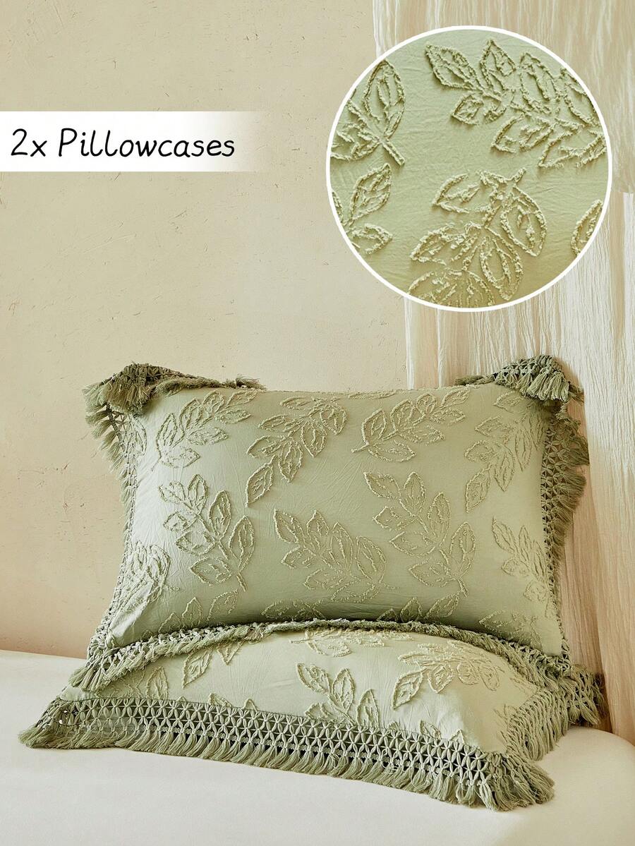 2pcs Bohemian Style Green Leaf Pattern Cutout Tufted Pillowcase With Tassels, Vintage Farmhouse Decor Polyester Throw Pillow Cover, Suitable For All Seasons, Machine Washable, Pillow Insert Not Included - Green - View 1