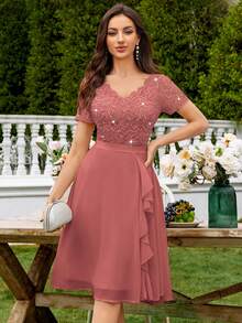 MIUSOL V-Neck Sequin Floral Lace Ruffle Trim Chiffon Prom Party Swing Dress,Elegant Party Dress For Women Summer - Dusty Pink - View 6