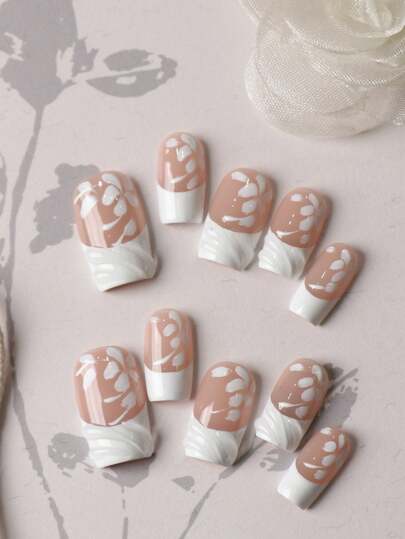 Bộ 10 móng tay giả dán màu trắng kiểu Pháp vẽ tay họa tiết hoa, móng giả ngắn dùng cho văn phòng và hàng ngày, bộ móng nhân tạo bao gồm 1 tờ keo dán và 1 dũa mini.