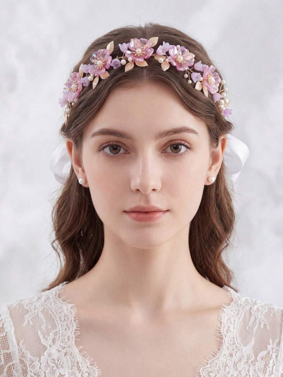 1件浪漫粉色花朵仿珍珠装饰发饰，金/银叶丝带系带发箍，仙女新娘婚礼舞会发饰，适合夏季、海滩、优雅、派对等场合