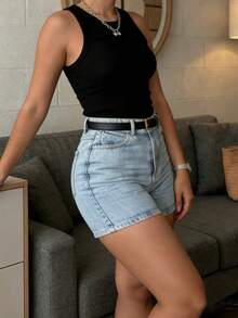 Nuevos shorts vaqueros rectos casuales para mujer, diseño con detalle de botones, estiramiento medio, lavado azul claro de verano - Lavado ligero - Ver 3