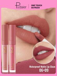 Pudaier 2pcs Velvet Matte Lip Glaze - Long-Lasting Liquid Lipstick, Moisturizing Non-Sticky, Velvet Texture, Suitable For Various Makeup Looks, Essential Beauty Tool For Women, Perfect Gift - 06+09 - View 1